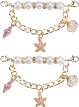 2Pcs Gold Pearl Shoe Chain Shoe Straps Chain Ocean Theme Enamel Starfish Shell Charms Summer Hanging Plastic Pearls Aluminium Boot Chains Accessories for Boots Sneakers Shoes DIY Decoration