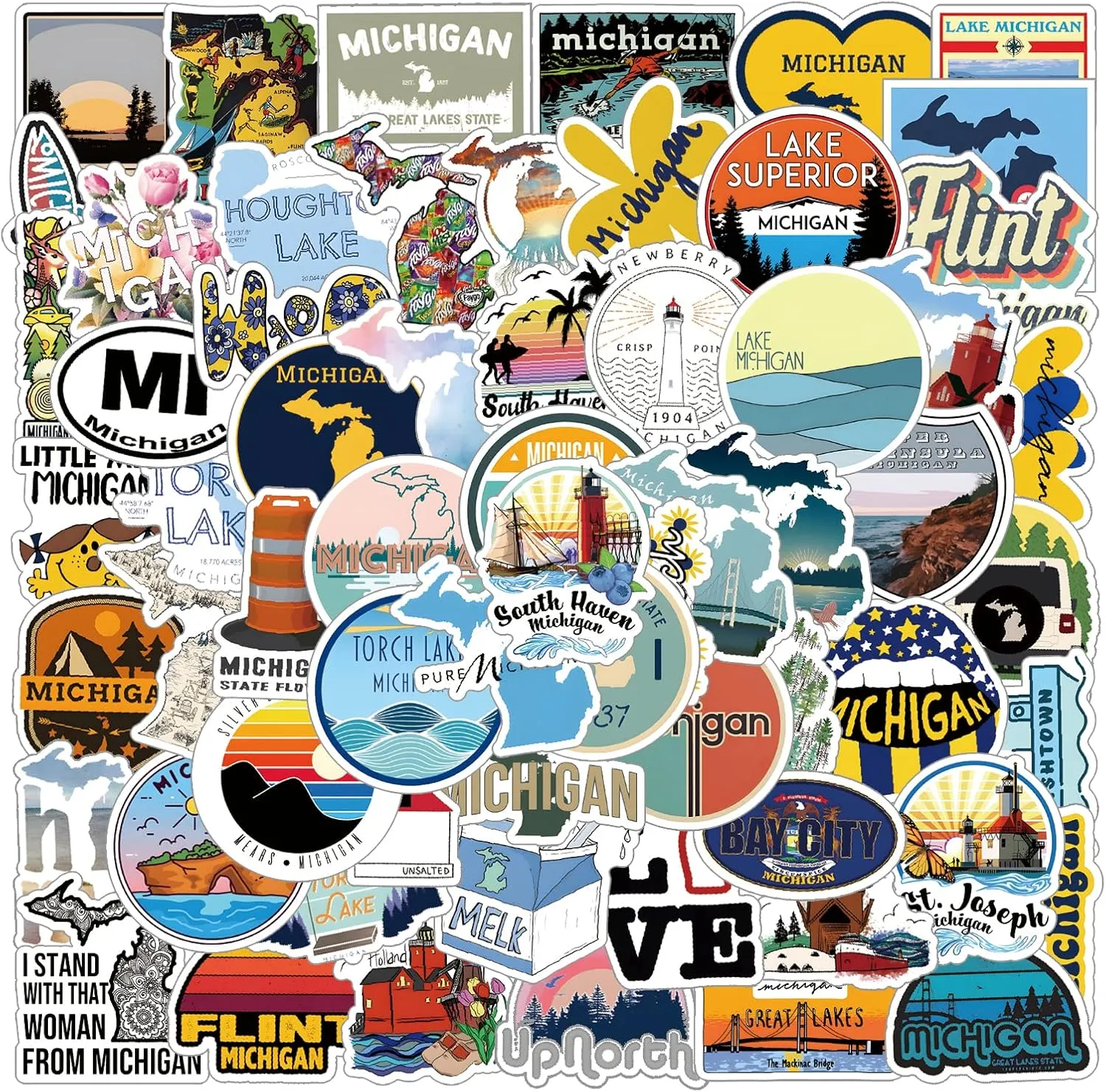 63Pcs Michigan Aesthetic Stickers Pack, USA State Great Lakes Travel Vinyl Waterproof Sticker Decals for Water Bottle,Laptop,Phone,Scrapbooking,Luggage,Suitcase Gifts for Adults Teens Kids