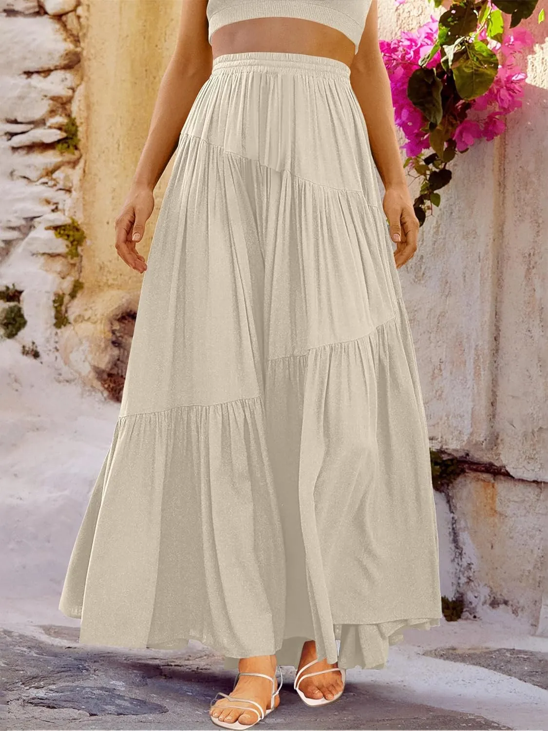 ANRABESS Womens Boho Elastic High Waist Pleated A-Line Flowy Swing Asymmetric Tiered Maxi Long Skirt Dress with Pockets