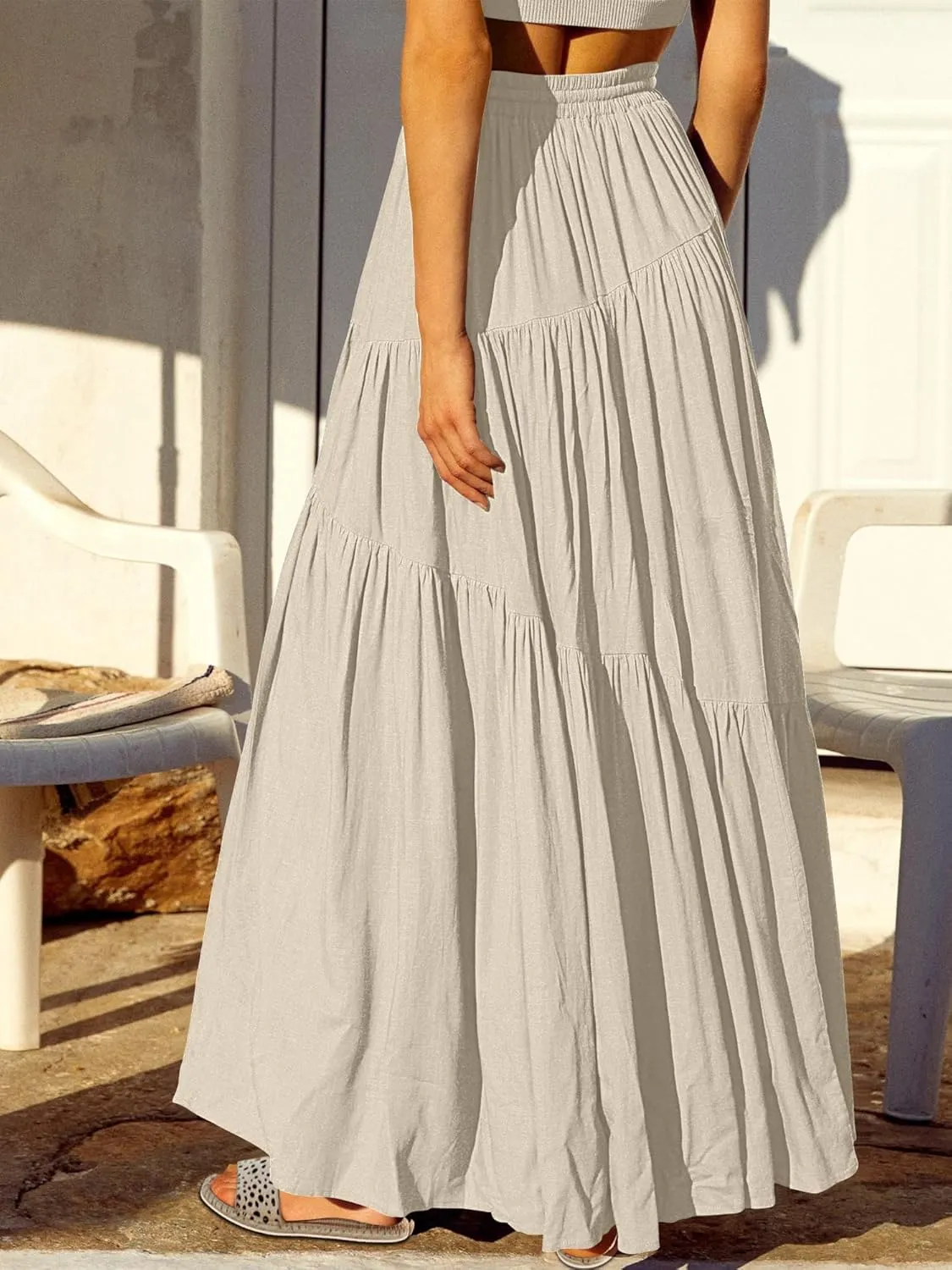 ANRABESS Womens Boho Elastic High Waist Pleated A-Line Flowy Swing Asymmetric Tiered Maxi Long Skirt Dress with Pockets