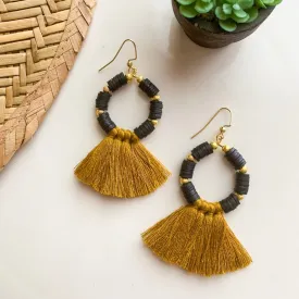 Black and Gold Beaded Hoop with Mustard Tassel Earrings