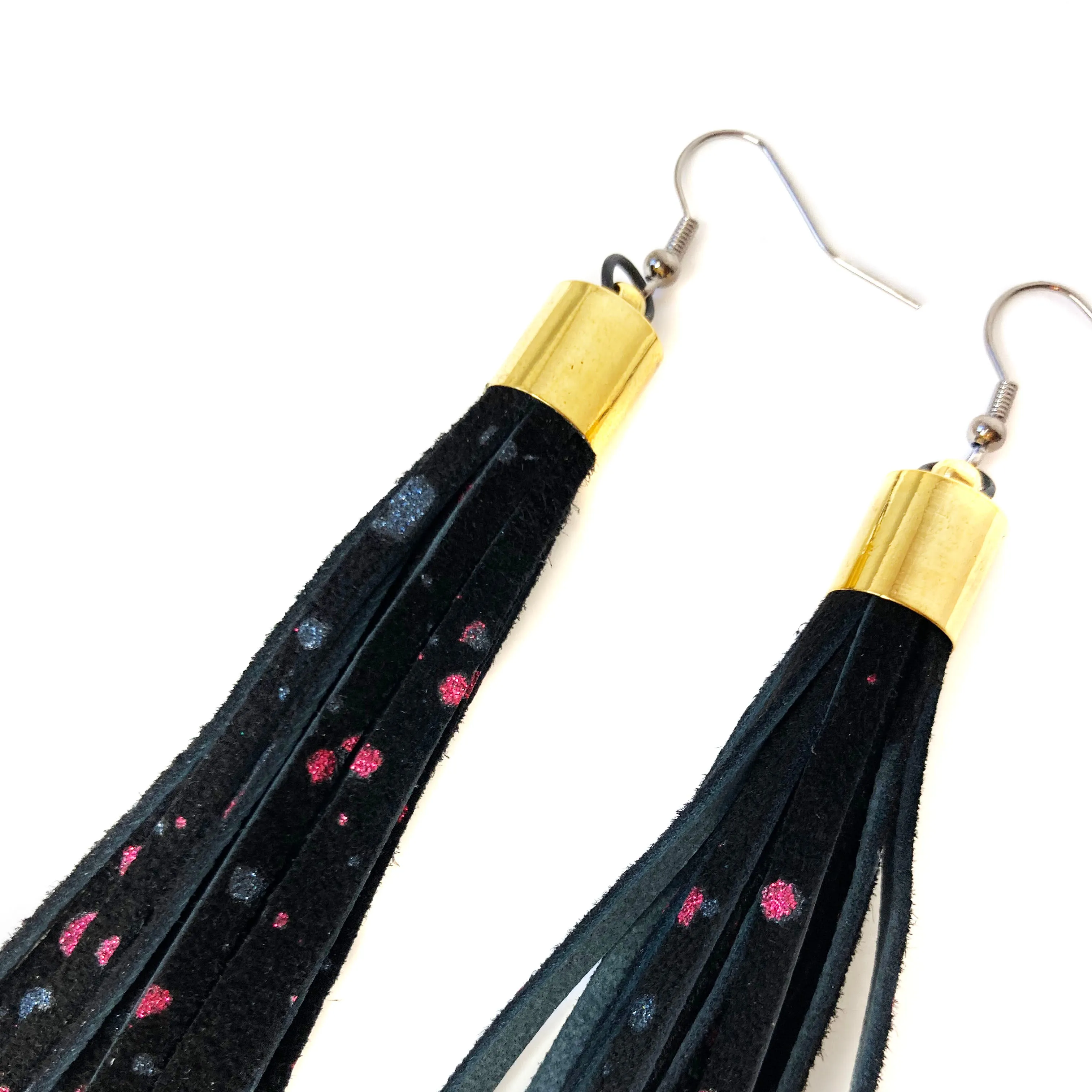 Black Glitter Splatter Tassel Earrings