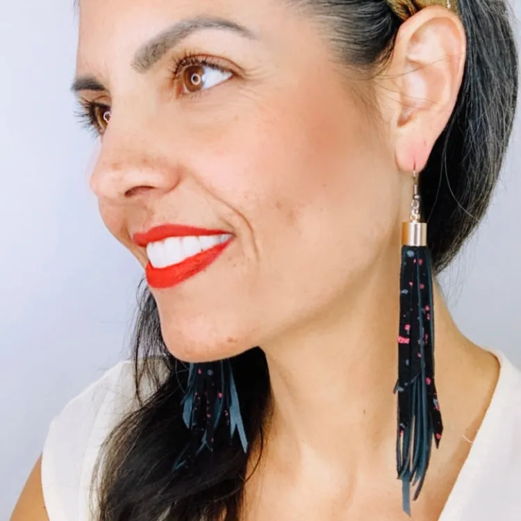 Black Glitter Splatter Tassel Earrings