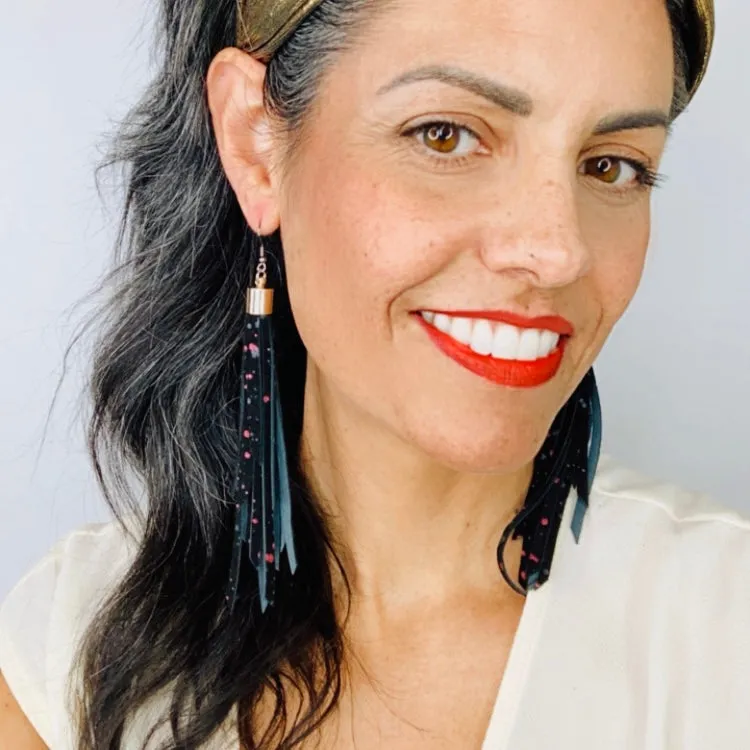 Black Glitter Splatter Tassel Earrings