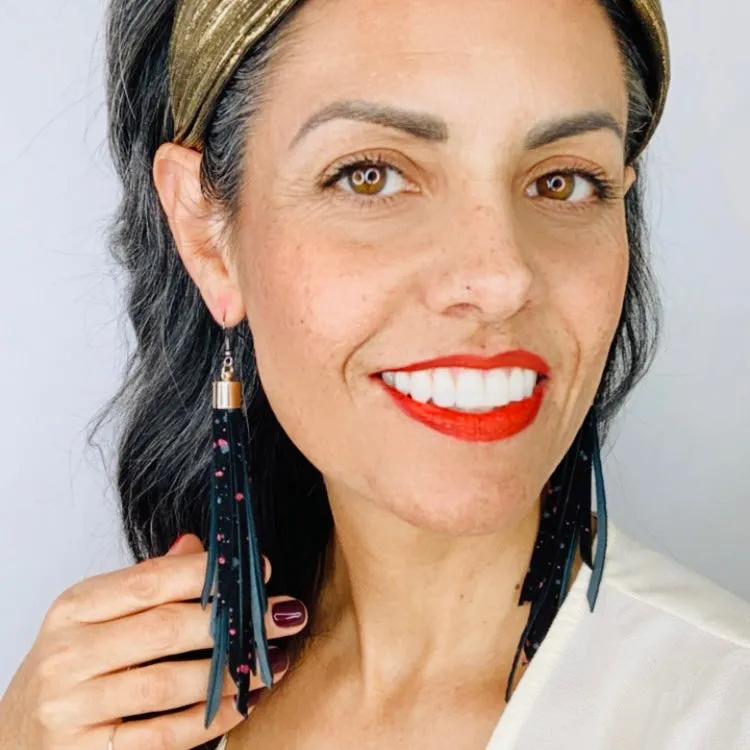 Black Glitter Splatter Tassel Earrings