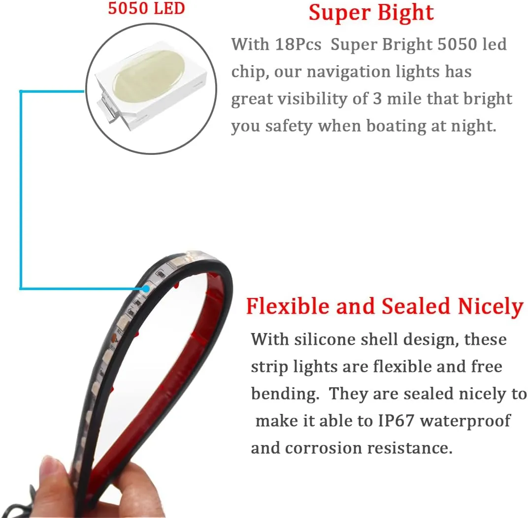 Boaton Marine Navigation Lights - Night Fishing, No Drilling Adhesive Install, Courtesy & Interior Lights for Pontoon, Bass, Jon, Jet Ski, Kayak, Red