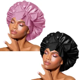 BONNET QUEEN 2Pcs Pack Satin Bonnet Cool Breathable Single Layer Silk Bonnet for Sleeping Women Hair Bonnet Night Sleep Cap Scarf Wrap for Curly Hair with Tie Band Black Rose Gold