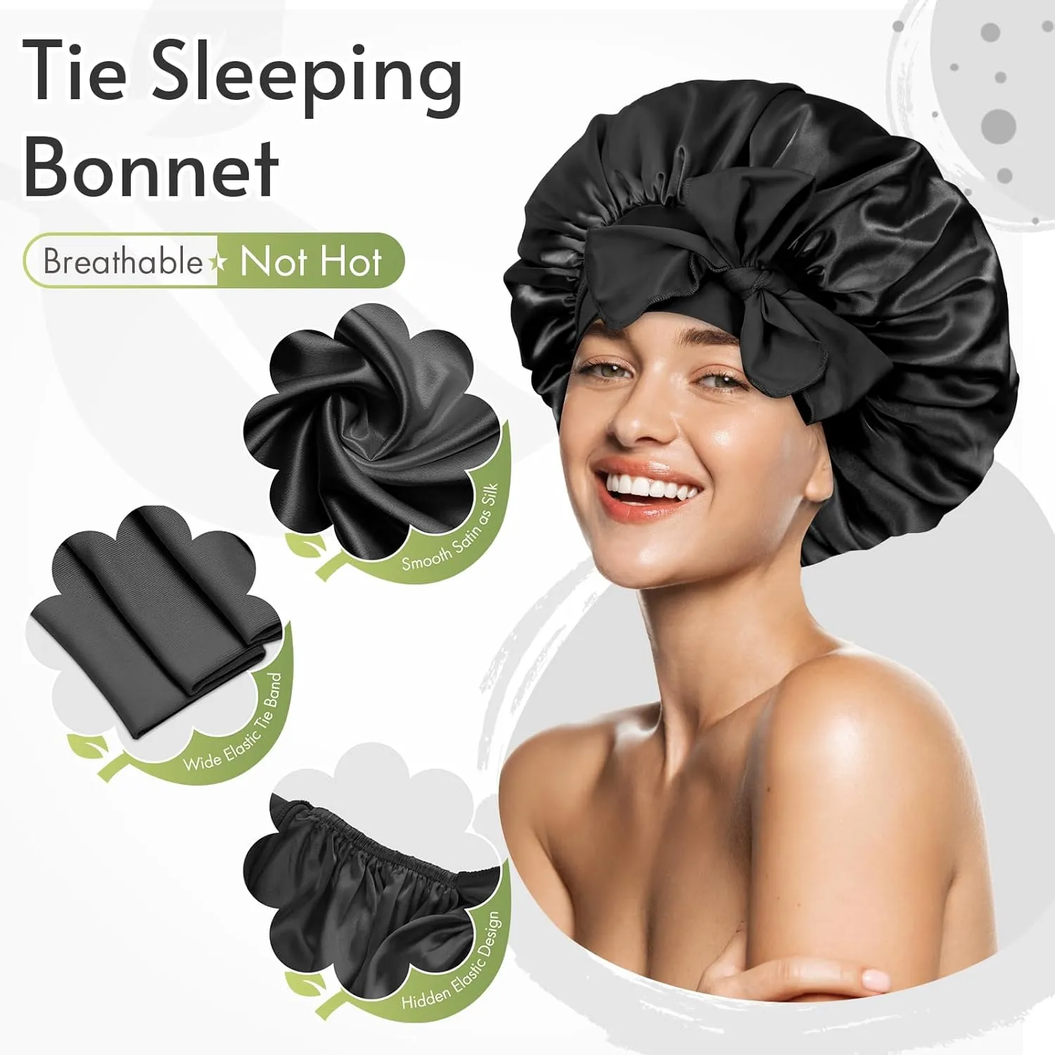 BONNET QUEEN 2Pcs Pack Satin Bonnet Cool Breathable Single Layer Silk Bonnet for Sleeping Women Hair Bonnet Night Sleep Cap Scarf Wrap for Curly Hair with Tie Band Black Rose Gold