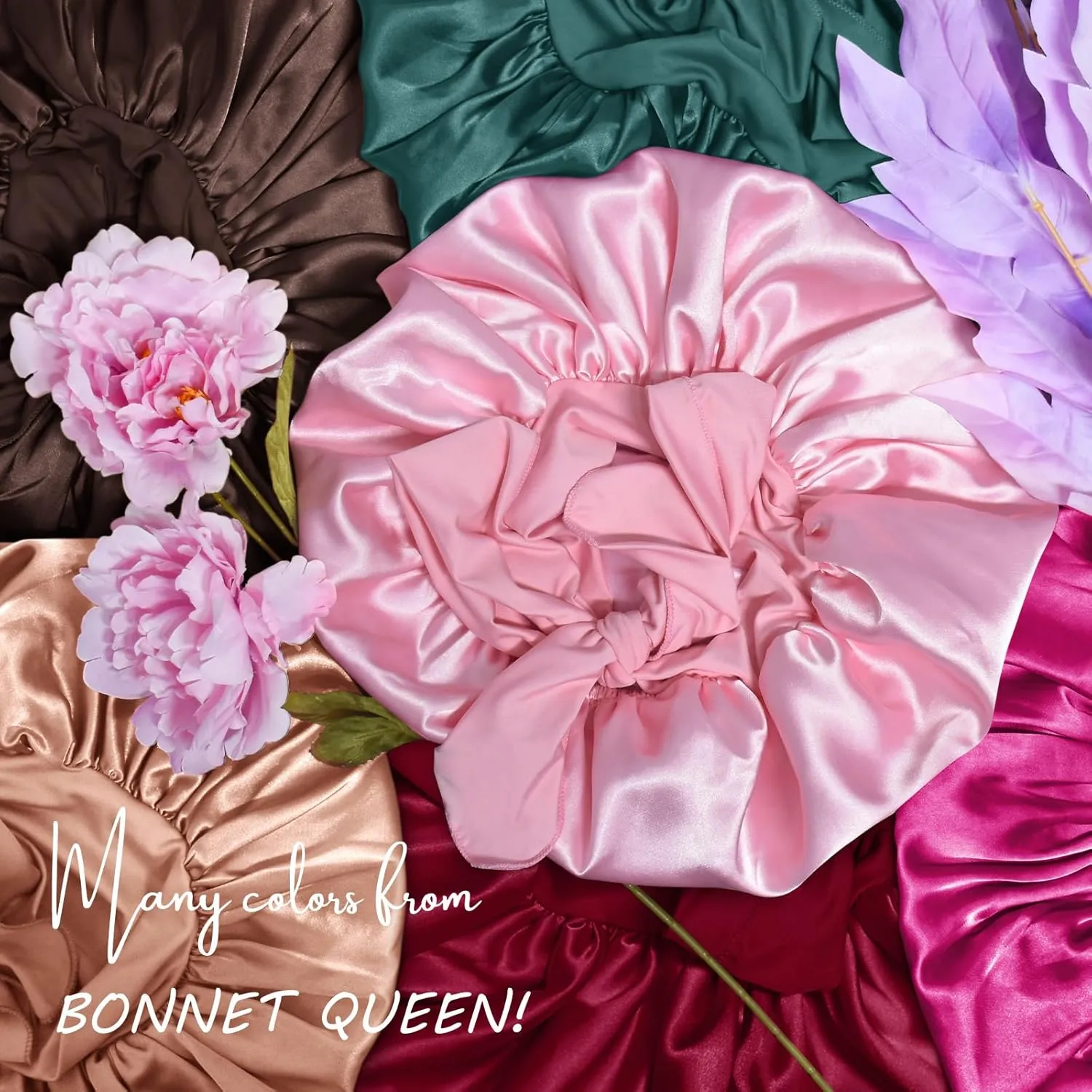 BONNET QUEEN 2Pcs Pack Satin Bonnet Cool Breathable Single Layer Silk Bonnet for Sleeping Women Hair Bonnet Night Sleep Cap Scarf Wrap for Curly Hair with Tie Band Black Rose Gold