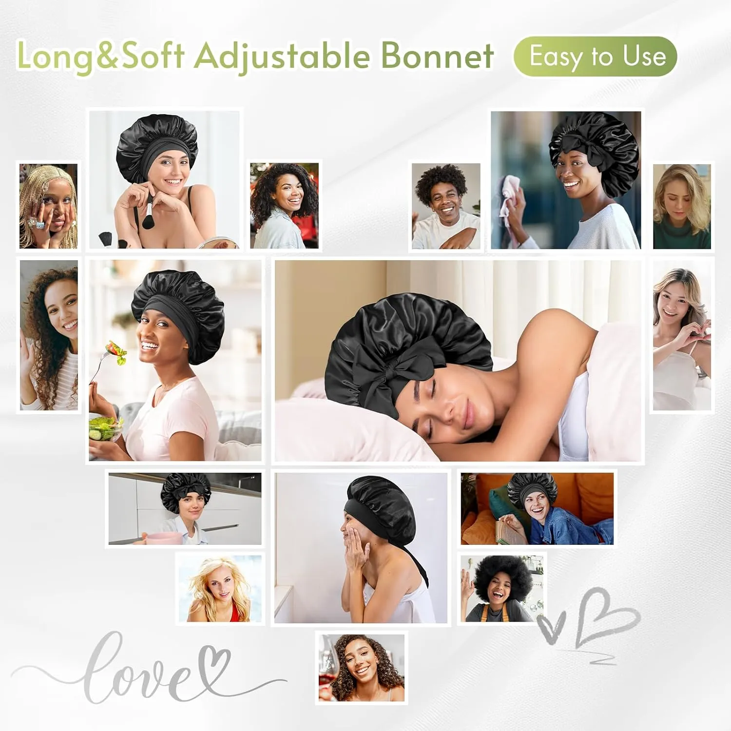 BONNET QUEEN 2Pcs Pack Satin Bonnet Cool Breathable Single Layer Silk Bonnet for Sleeping Women Hair Bonnet Night Sleep Cap Scarf Wrap for Curly Hair with Tie Band Black Rose Gold