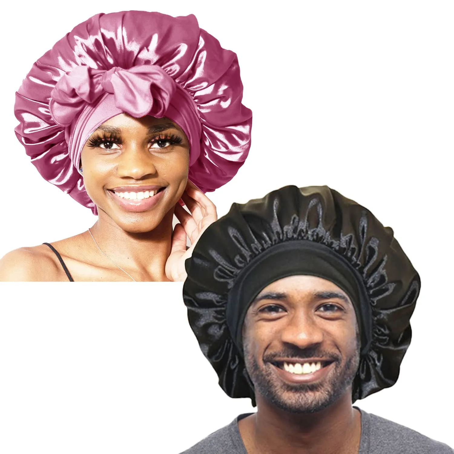BONNET QUEEN 2Pcs Pack Satin Bonnet Cool Breathable Single Layer Silk Bonnet for Sleeping Women Hair Bonnet Night Sleep Cap Scarf Wrap for Curly Hair with Tie Band Black Rose Gold