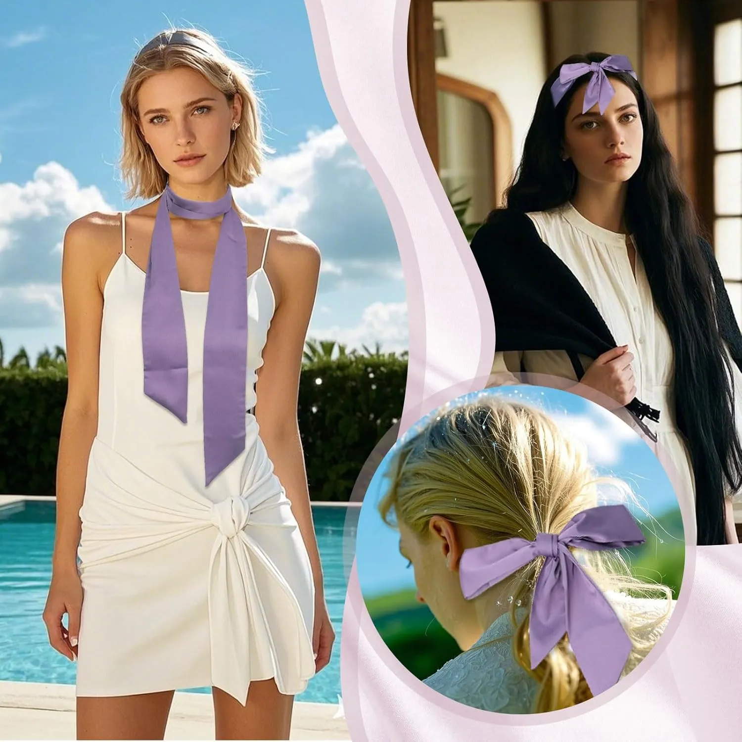 Bow Ties for Women Ribbon Self Tie Satin Necktie, Solid Color Skinny Scarf for Neck Hairband Handbag Belt Purse Hat