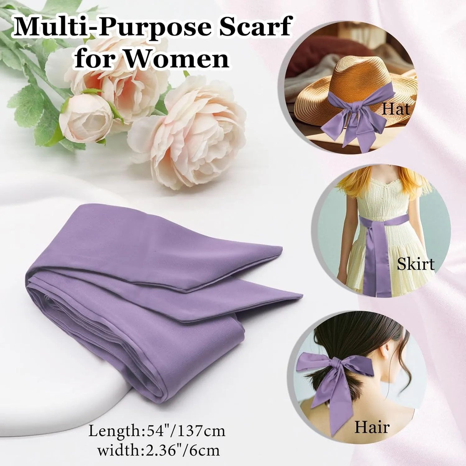 Bow Ties for Women Ribbon Self Tie Satin Necktie, Solid Color Skinny Scarf for Neck Hairband Handbag Belt Purse Hat