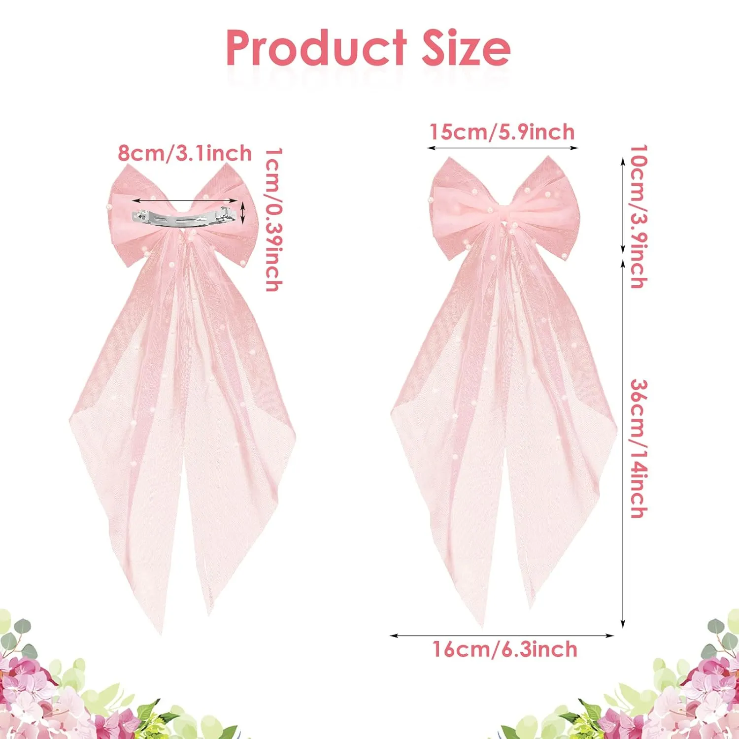 Bridal Hair Accessories: Pearl Hair Bow with Barrette, Wedding Veil for Bride and Bridesmaids, Bachelorette Party Decorations (Pink)