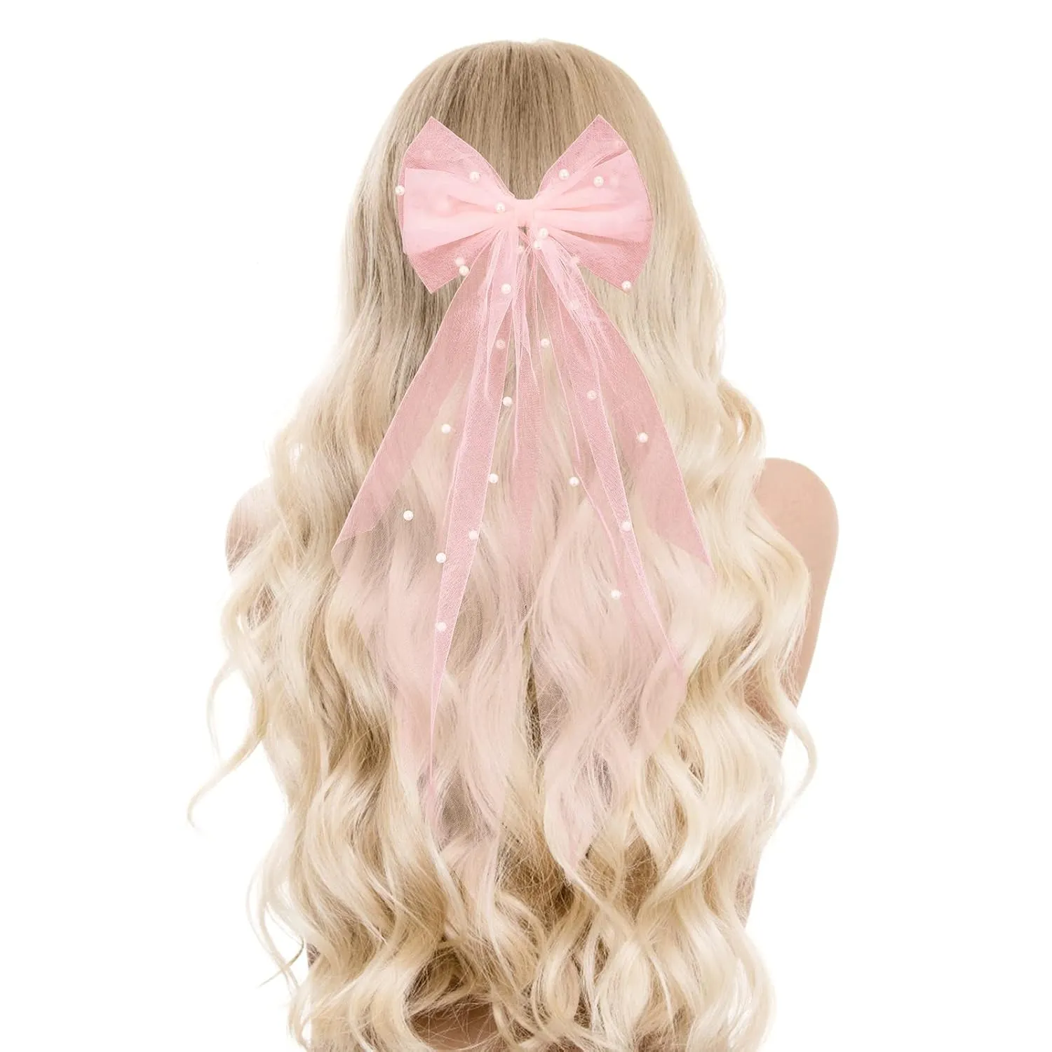 Bridal Hair Accessories: Pearl Hair Bow with Barrette, Wedding Veil for Bride and Bridesmaids, Bachelorette Party Decorations (Pink)