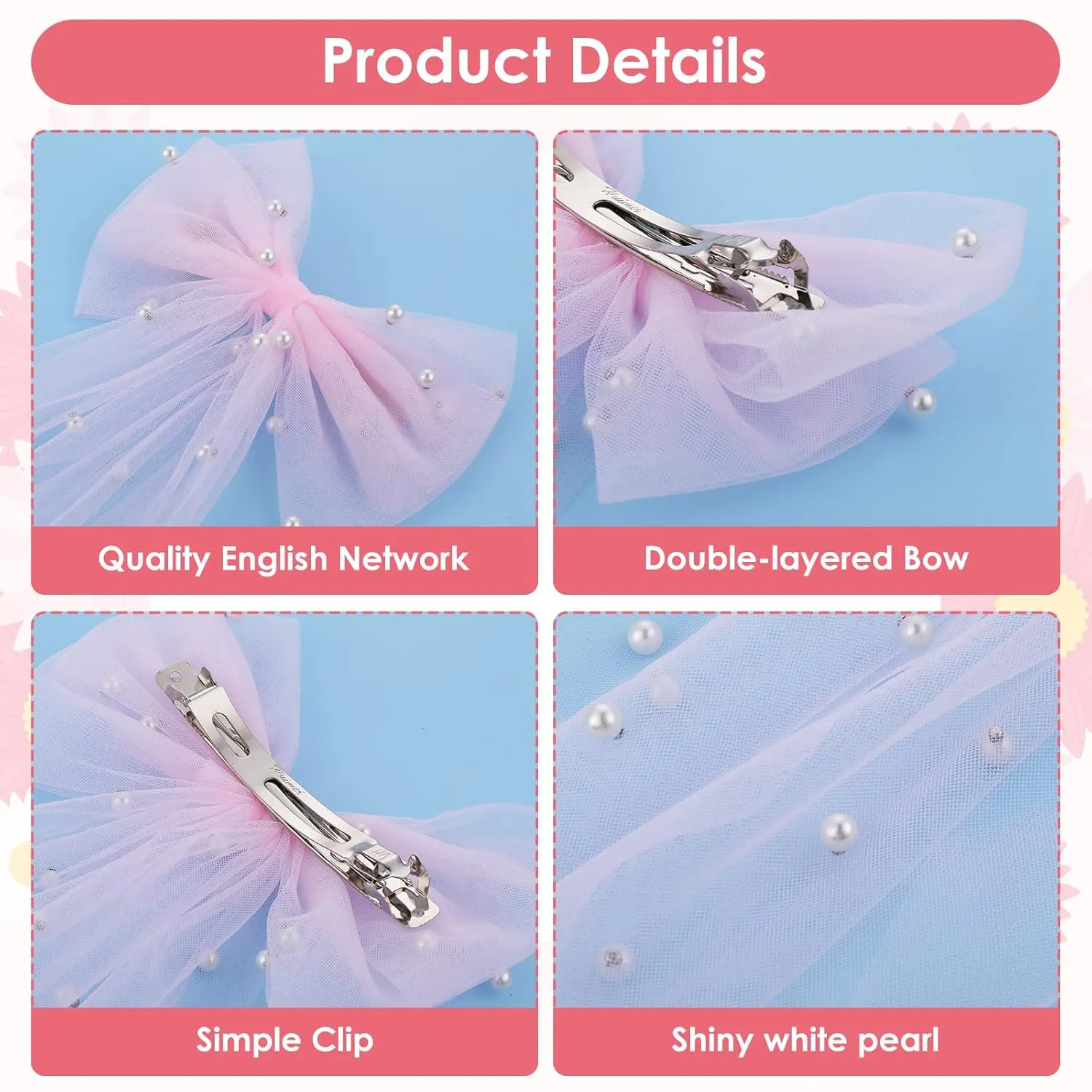 Bridal Hair Accessories: Pearl Hair Bow with Barrette, Wedding Veil for Bride and Bridesmaids, Bachelorette Party Decorations (Pink)