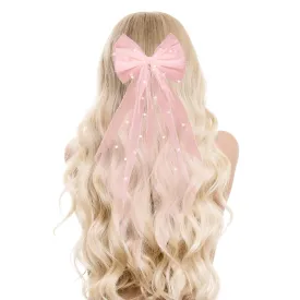 Bridal Hair Accessories: Pearl Hair Bow with Barrette, Wedding Veil for Bride and Bridesmaids, Bachelorette Party Decorations (Pink)