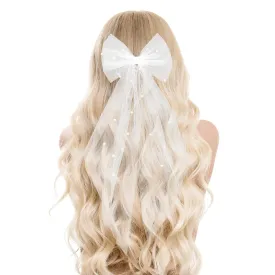 Bridal Pearl Hair Bow Veil Bridesmaid Large Hair Bow Wedding Veil with Barrette Bachelorette Party Decorations Bridal Bridesmaid Gift (White)