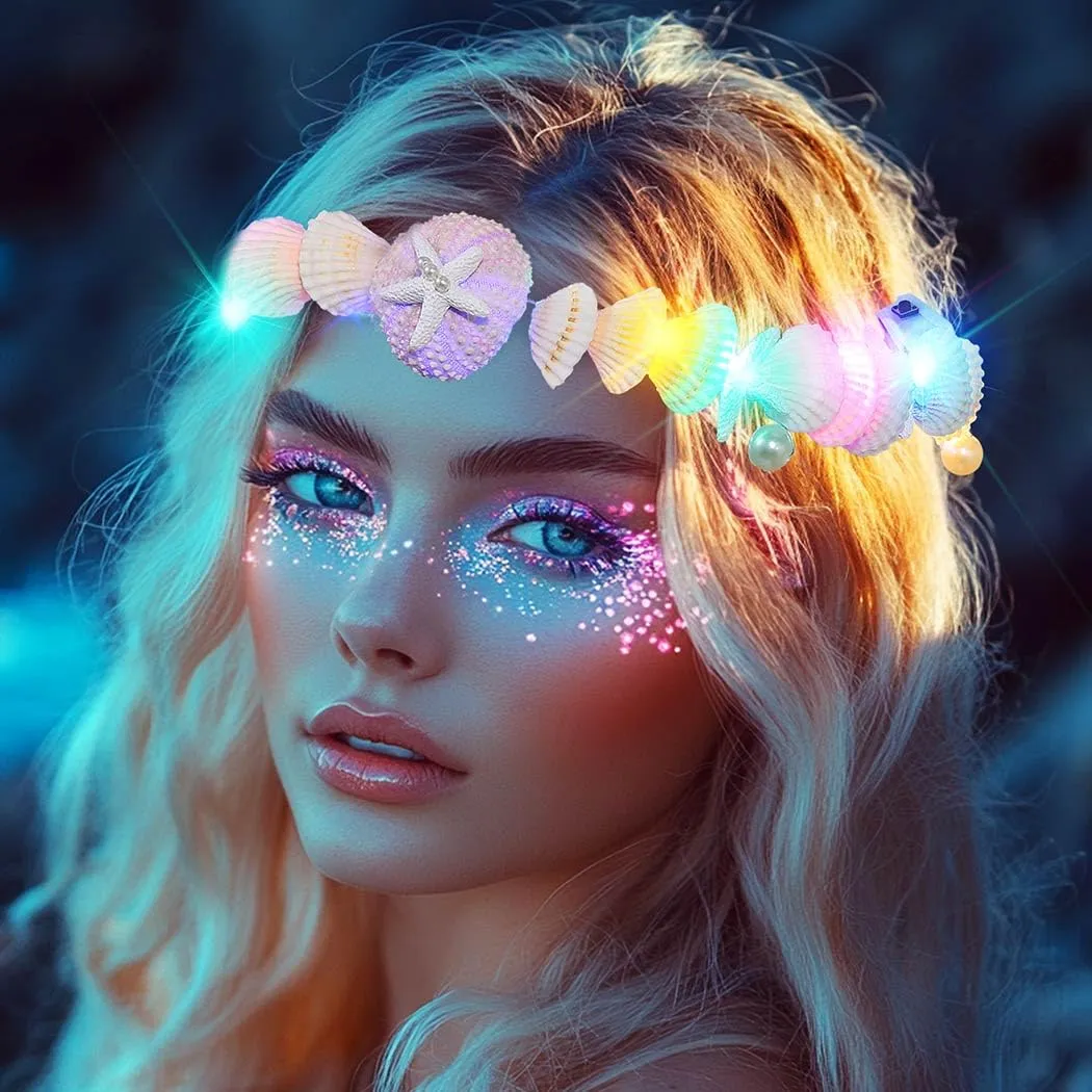 CAKURE Light Up Seashell Headbands Chain Led Starfish Head Chain Mermaid Hair Accessories for Women (a-starfish&shell, one size)
