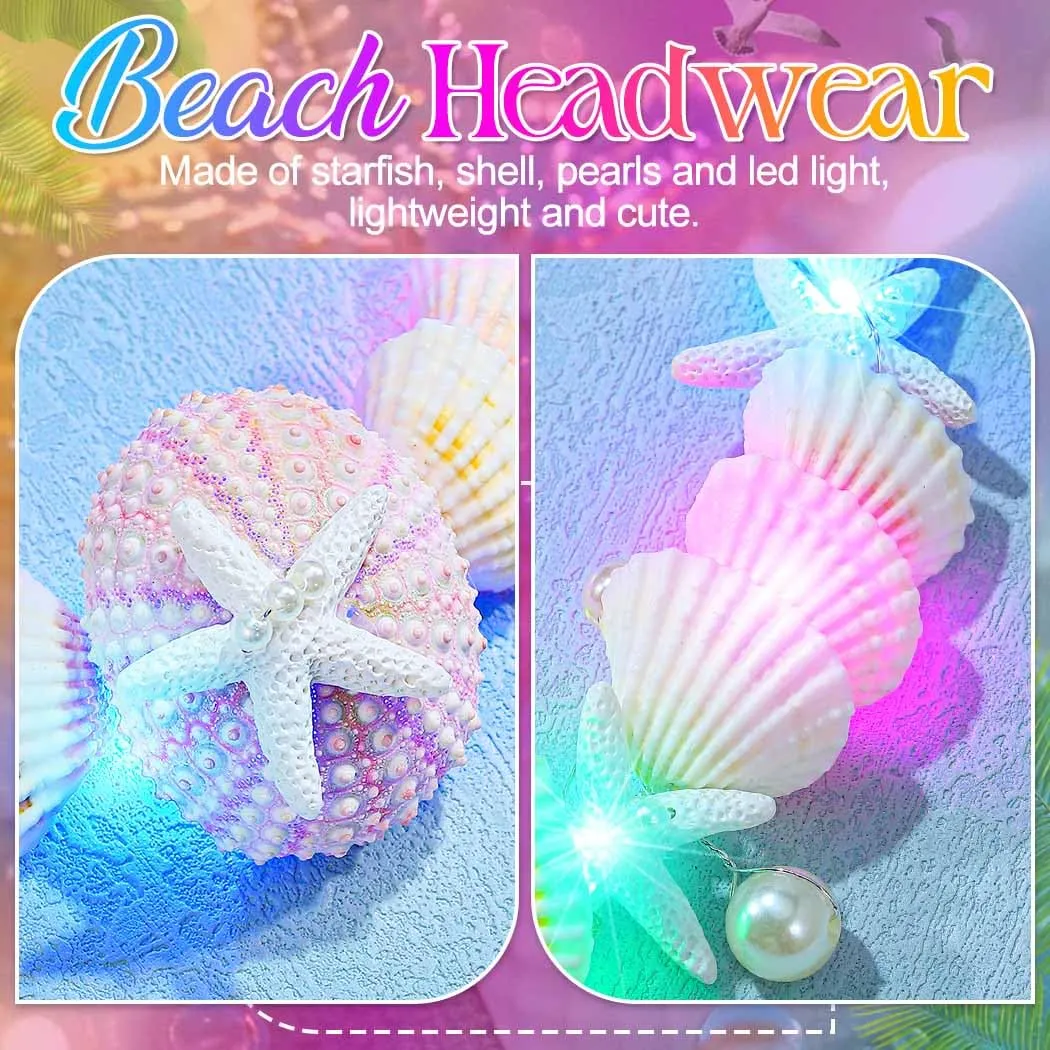 CAKURE Light Up Seashell Headbands Chain Led Starfish Head Chain Mermaid Hair Accessories for Women (a-starfish&shell, one size)