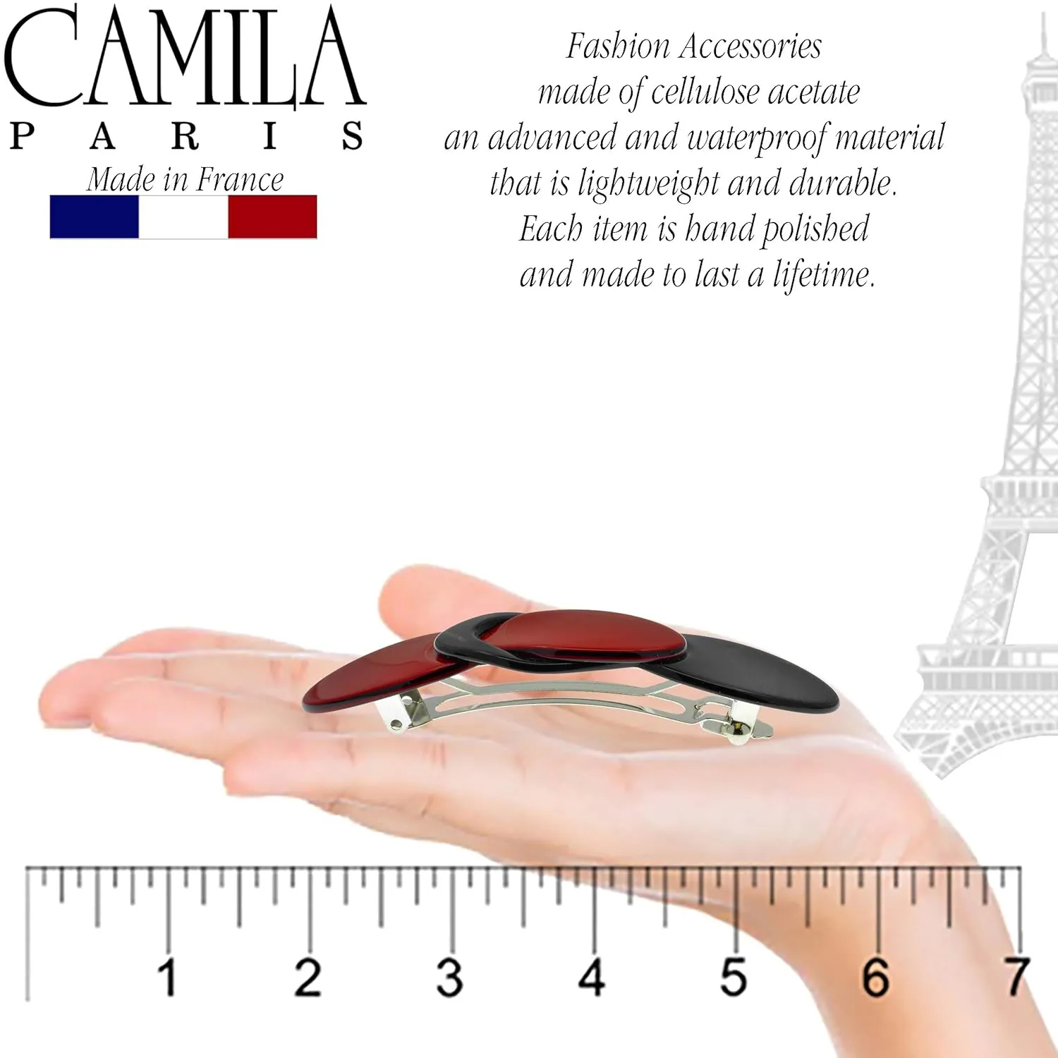 Camila Paris CP2254 French Hair Barrette Clip for Girls, Handmade, Metal Automatic Clasp Strong Hold Grip Hair Clips for Women, No Slip and Durable Styling Girls Hair Accessories, Made in France