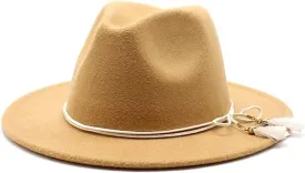 DHAEY 19 Colors National Style Woolen Hat with White Tassel British Felt Hat, Men's and Women's Jazz Flat Brim Hat Luopan Caps & Hats(Camel)