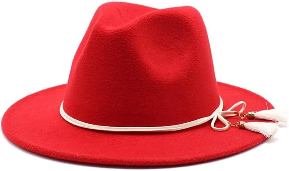 DHAEY 19 Colors National Style Woolen Hat with White Tassel British Felt Hat, Men's and Women's Jazz Flat Brim Hat Luopan Caps & Hats(Orange red)