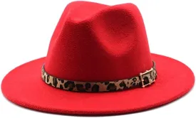 DHAEY European and American Woolen Hat, Leopard Print Hat for Men and Women, Flat Brim Big Brim Jazz Felt Hat Luopan Caps & Hats (Color : Rose Red, Size : M)