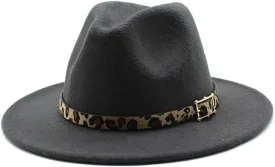 European and American Woolen Hat, Leopard Print Hat for Men and Women, Flat Brim Big Brim Jazz Felt Hat Fengyan Cowboy Hats (Color : Dark Grey, Size : 58-60cm)