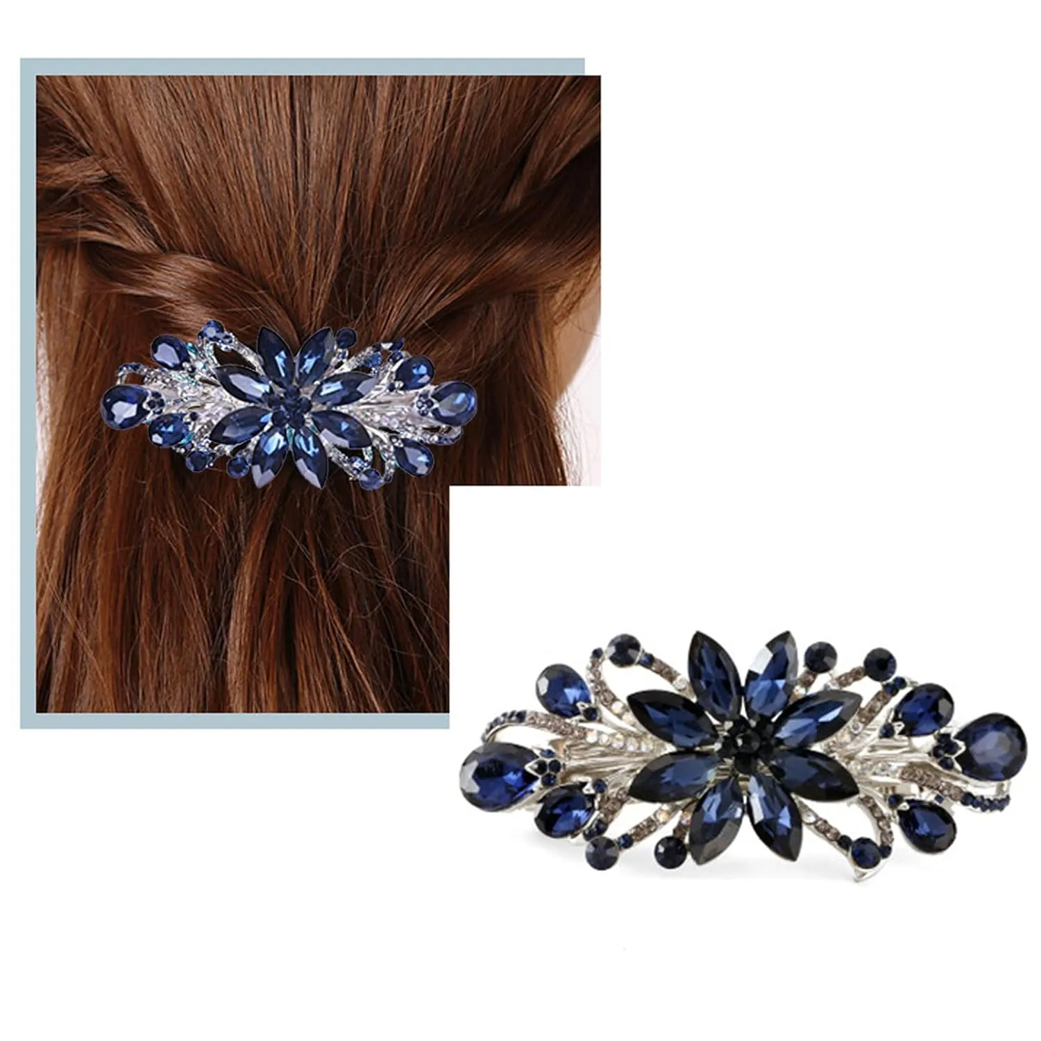 Flower Luxury Jewelry Design Hairpin Rhinestone Hair Barrette Clip,Also Perfect Mother's Day Gifts for Mom(Dark Blue)