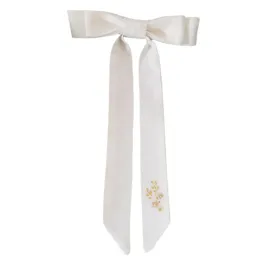 Hand-Embroidered Linen Bow Barrette - White, Neutral