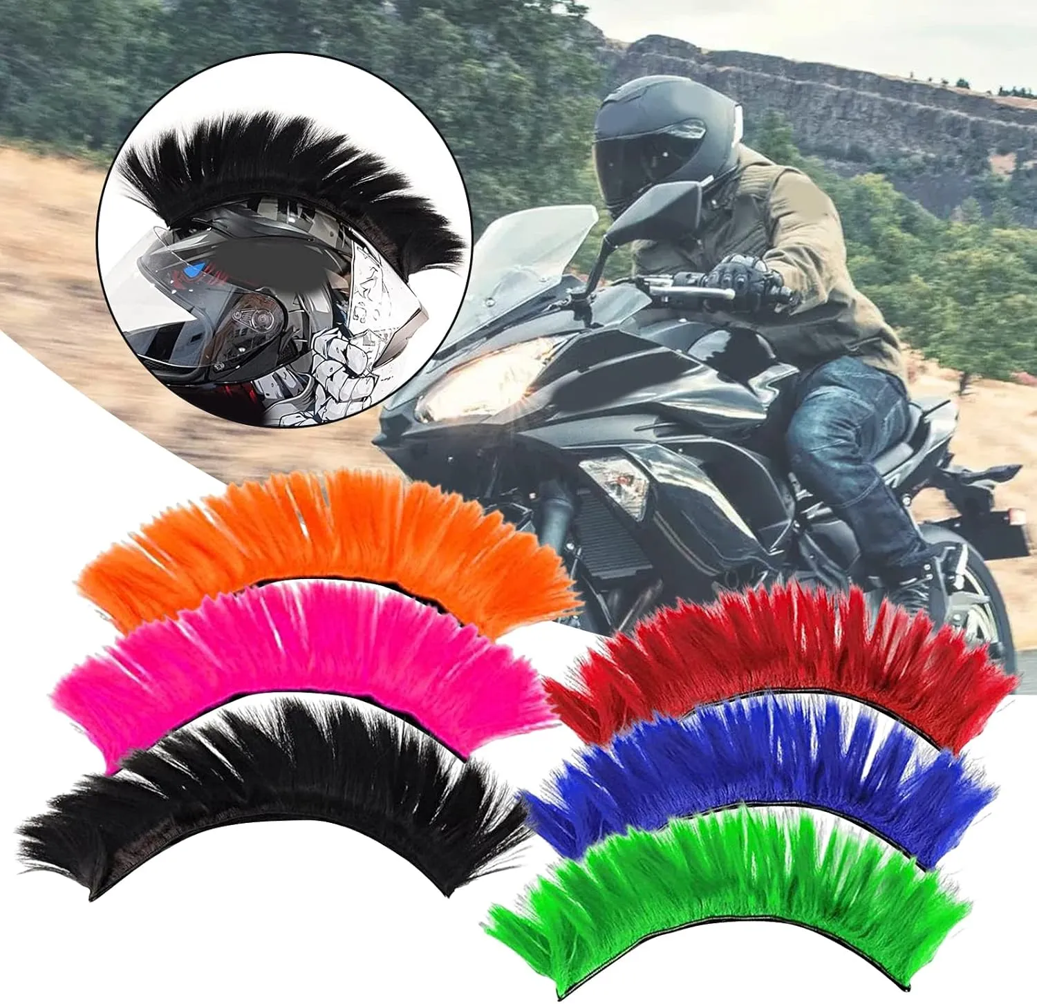 Helmets Mohawk Wig, Self-Adhesive Mohawk Motorcycle Helmets, Mohawk Synthetic Wigs for Bicycle Ski Snowboard Helmets, Reusable Design