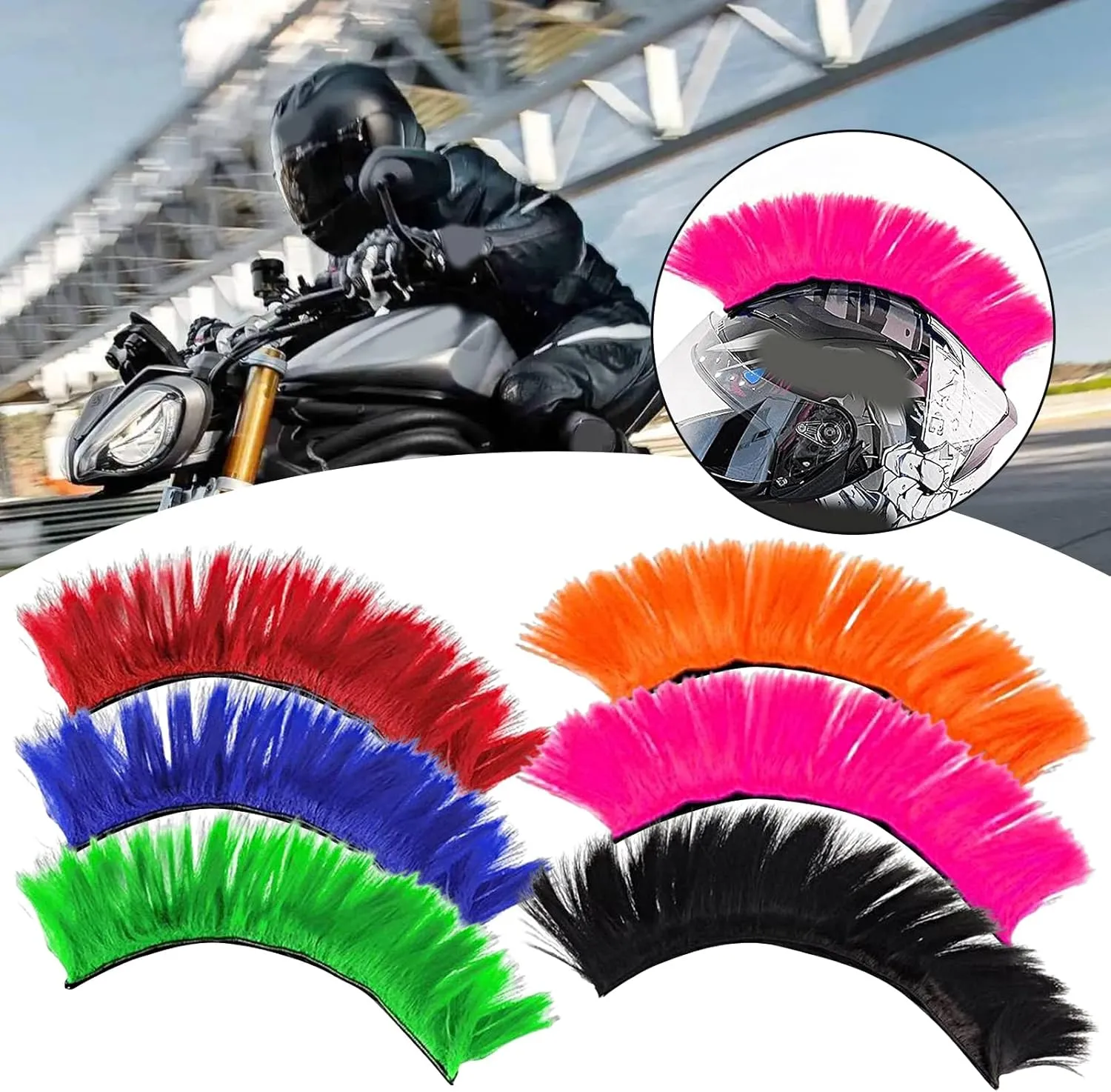 Helmets Mohawk Wig, Self-Adhesive Mohawk Motorcycle Helmets, Mohawk Synthetic Wigs for Bicycle Ski Snowboard Helmets, Reusable Design