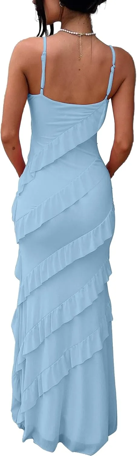 HOCILLE Women's Sexy V Neck Bodycon Spaghetti Strap Elegant Ruffle Maxi Cocktail Party Dresses