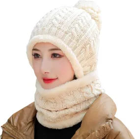 HUAMULAN Women Winter Beanie Hats One Piece Fleece Lined Knit Balaclavas Mask Set Skull Neck Circle Scarf Ski Snow Hat Pompom