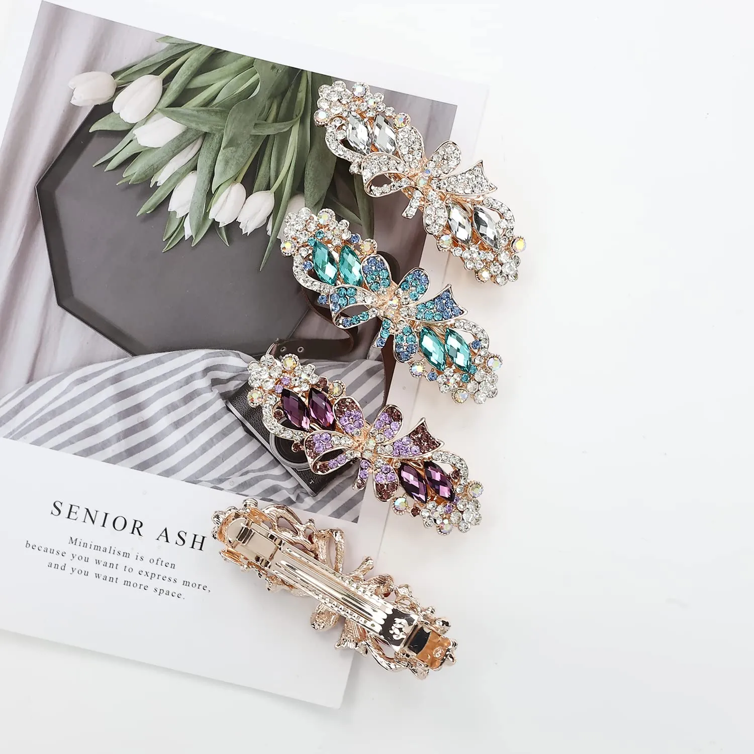 inSowni 4 Pack Luxury Glitter Sparkly Jeweled Gems Korean Decorative Crystal Rhinestone Flower Strong Metal French Barrettes Snap Alligator Hair Clips Headpieces Accessories for Women Girls