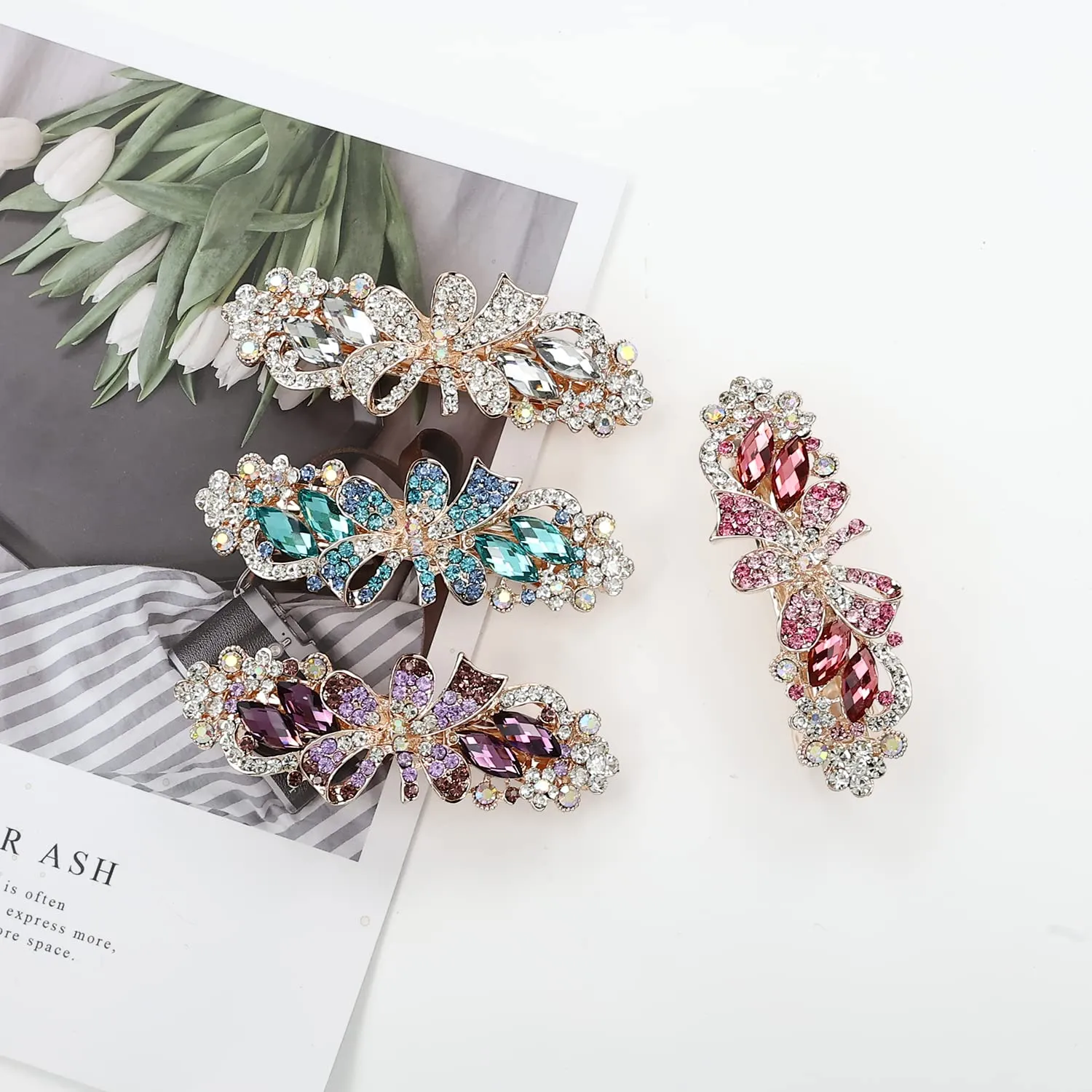 inSowni 4 Pack Luxury Glitter Sparkly Jeweled Gems Korean Decorative Crystal Rhinestone Flower Strong Metal French Barrettes Snap Alligator Hair Clips Headpieces Accessories for Women Girls
