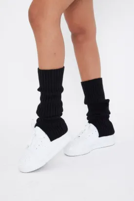 Ribbed Knitted Leg Warmers with Slits in Black