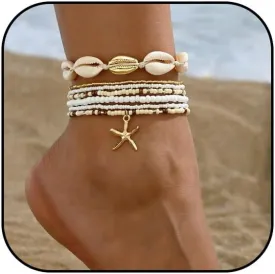 Shell Anklets Bracelet for Women Colorful Stackable Puka Shell Anklet Boho Seashell Beaded Anklet Hawaii Summer Beach Waterproof Surfer Starfish Anklets for Women