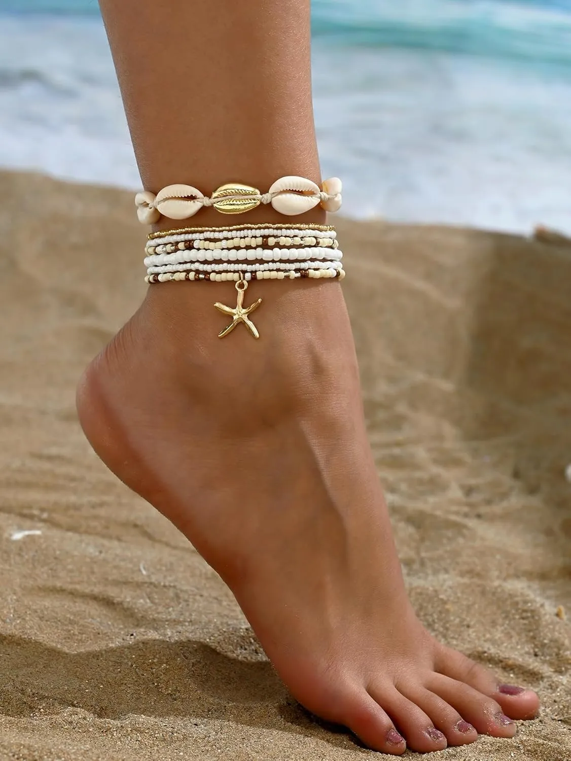 Shell Anklets Bracelet for Women Colorful Stackable Puka Shell Anklet Boho Seashell Beaded Anklet Hawaii Summer Beach Waterproof Surfer Starfish Anklets for Women