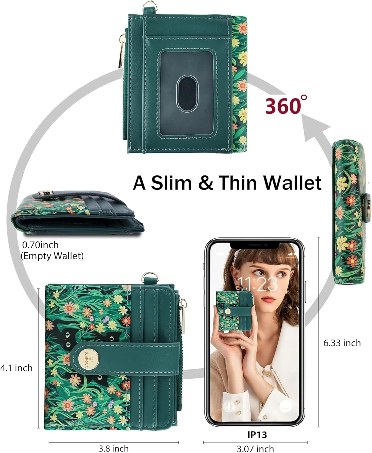 Small Wristlet Wallets for Women Keychain Wristlet Wallet RFID Blocking Key Chain Wallet With Zipper Coin Pocket,2 Id Window (Cat)