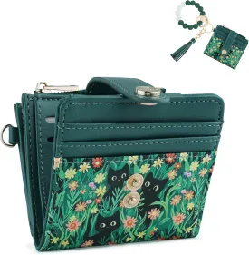 Small Wristlet Wallets for Women Keychain Wristlet Wallet RFID Blocking Key Chain Wallet With Zipper Coin Pocket,2 Id Window (Cat)