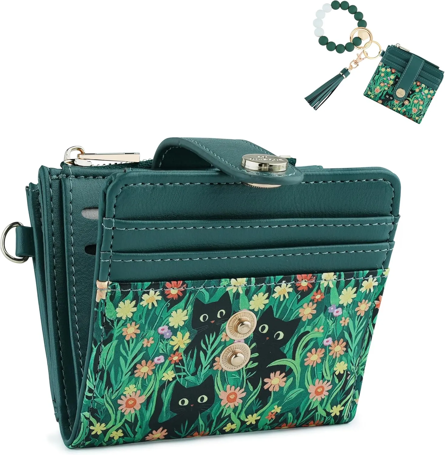 Small Wristlet Wallets for Women Keychain Wristlet Wallet RFID Blocking Key Chain Wallet With Zipper Coin Pocket,2 Id Window (Cat)
