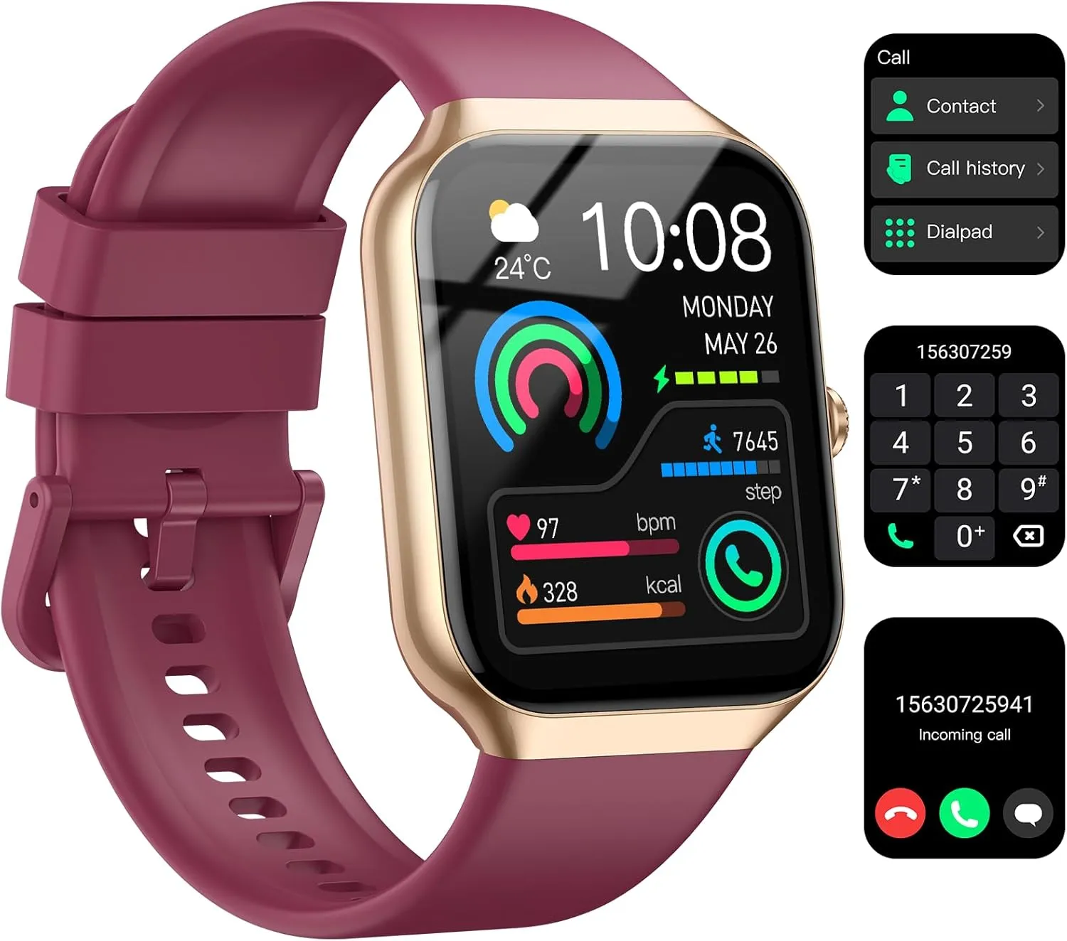 Smart Watch for Women Men, 1.96"HD Smartwatch (Answer/Make Call) with Heart Rate/Sleep Monitor/Spo2/Pedometer, 2025 Fitness Watch 113  Sport IP68 Waterproof, Activity Tracker for Android iOS Wine Red
