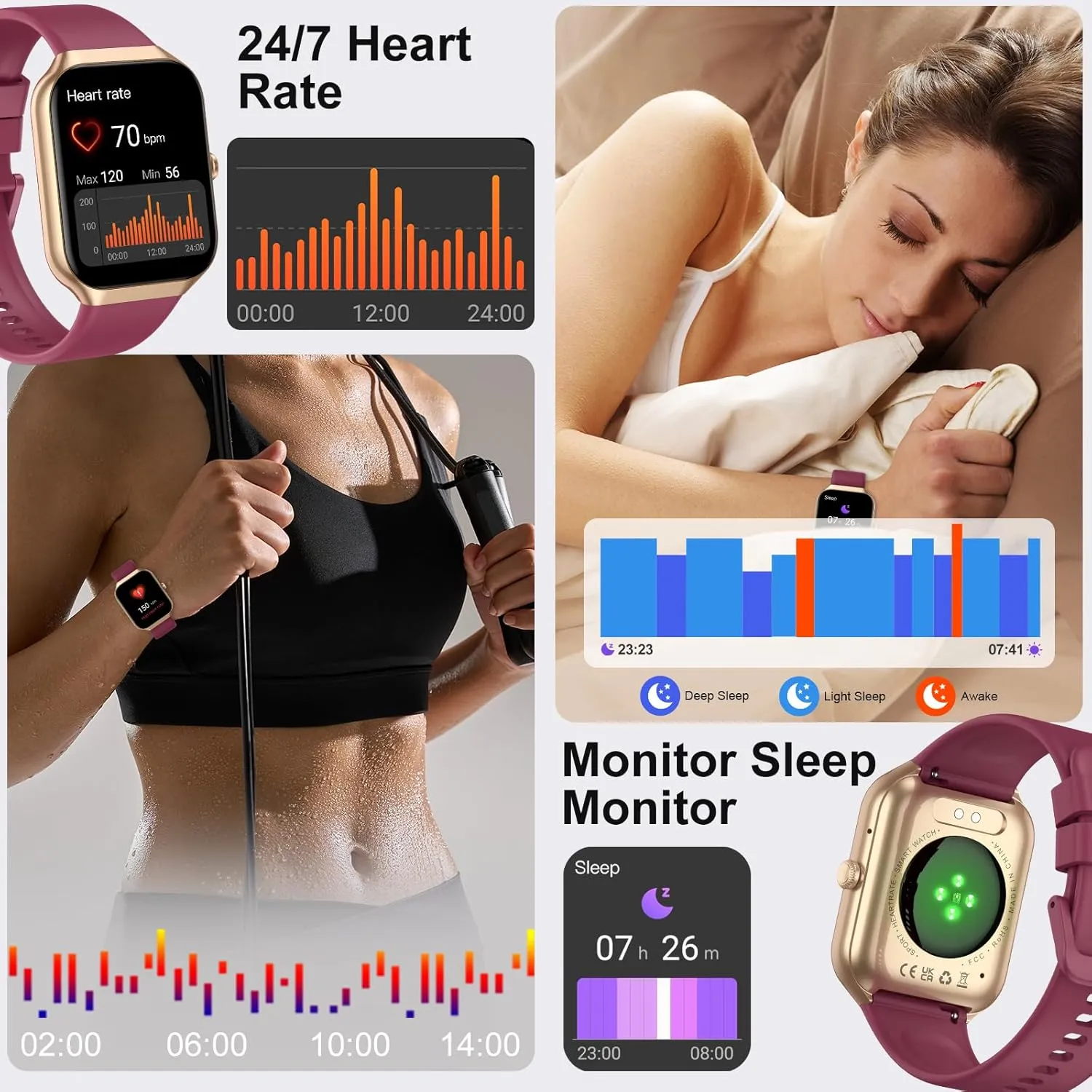 Smart Watch for Women Men, 1.96"HD Smartwatch (Answer/Make Call) with Heart Rate/Sleep Monitor/Spo2/Pedometer, 2025 Fitness Watch 113  Sport IP68 Waterproof, Activity Tracker for Android iOS Wine Red