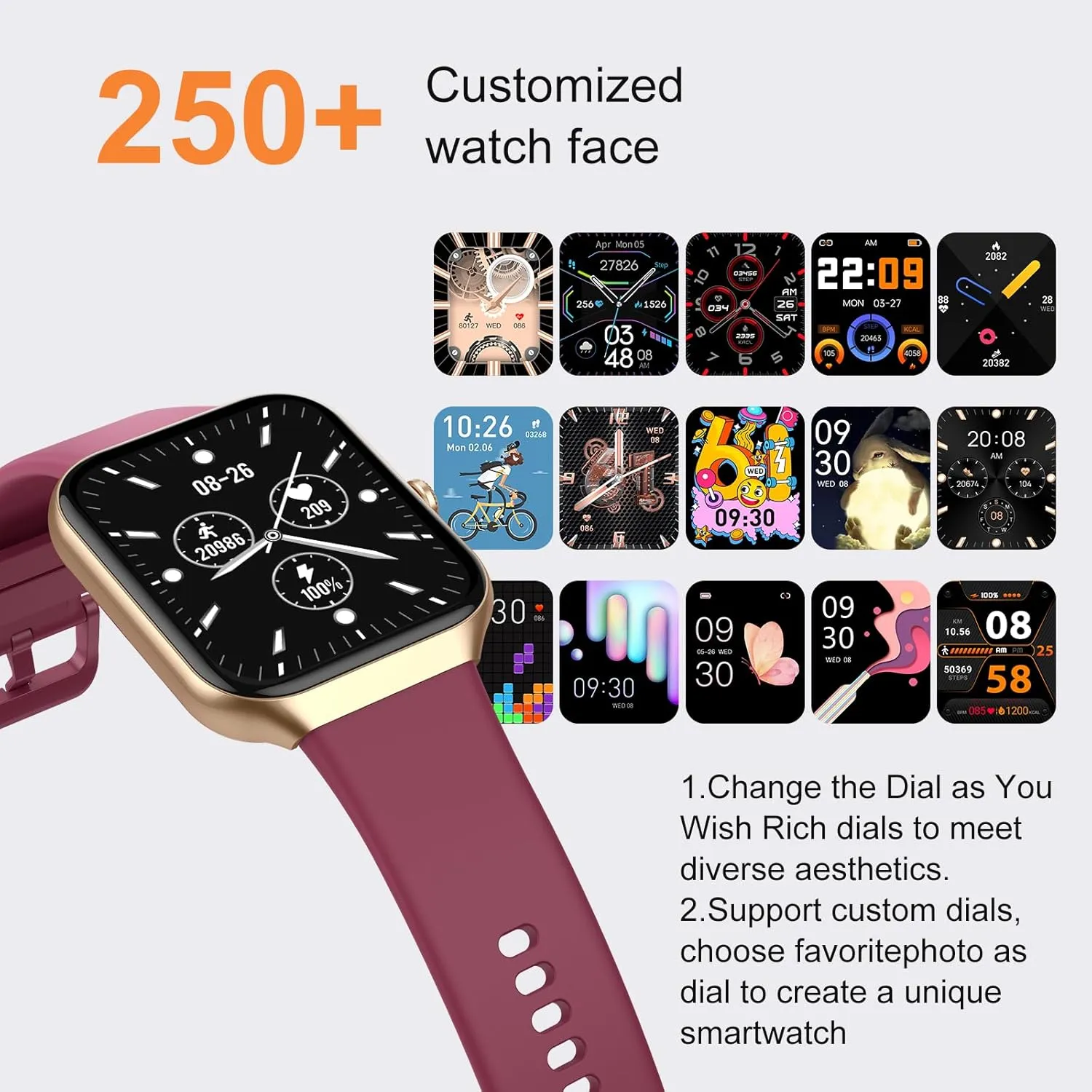 Smart Watch for Women Men, 1.96"HD Smartwatch (Answer/Make Call) with Heart Rate/Sleep Monitor/Spo2/Pedometer, 2025 Fitness Watch 113  Sport IP68 Waterproof, Activity Tracker for Android iOS Wine Red