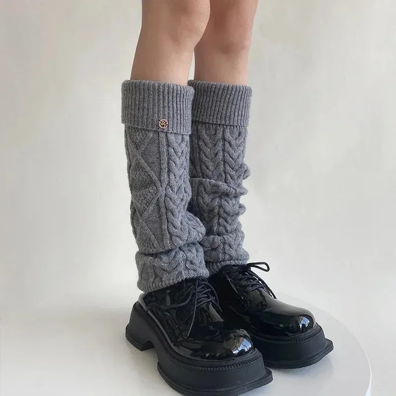 Sohiwoo Korea Wool Knitted Leg Warmers Metal Label Women Calf Socks Vintage Winter Y2K Japanese Harajuku Pile Long Socks Leg Covers