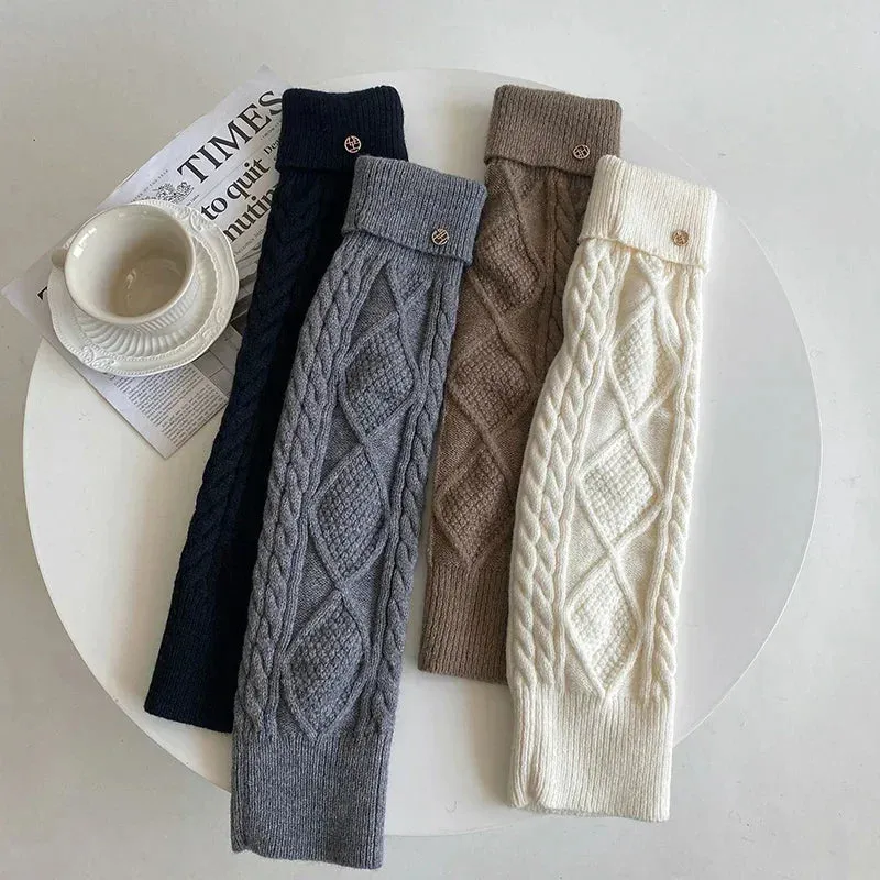 Sohiwoo Korea Wool Knitted Leg Warmers Metal Label Women Calf Socks Vintage Winter Y2K Japanese Harajuku Pile Long Socks Leg Covers