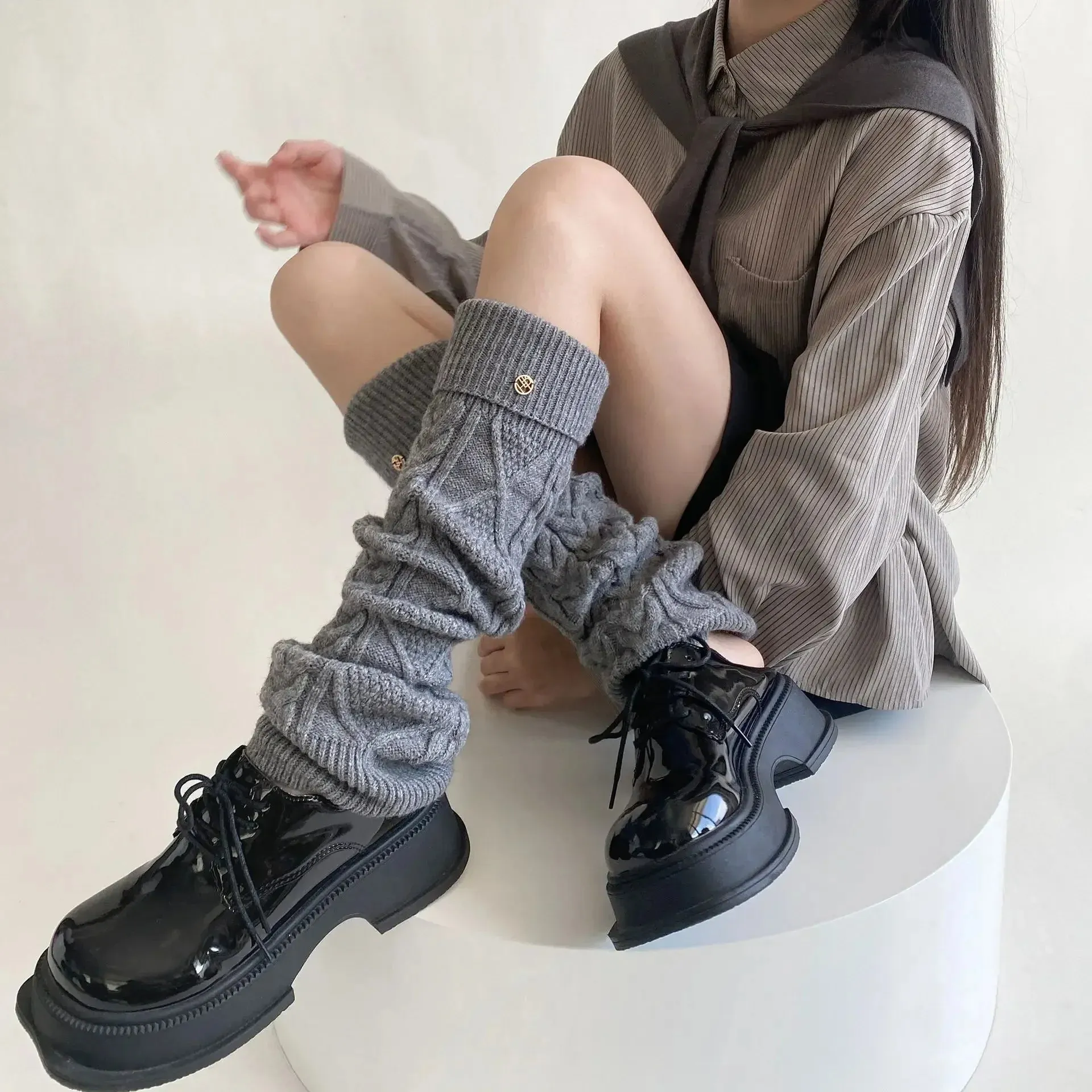 Sohiwoo Korea Wool Knitted Leg Warmers Metal Label Women Calf Socks Vintage Winter Y2K Japanese Harajuku Pile Long Socks Leg Covers