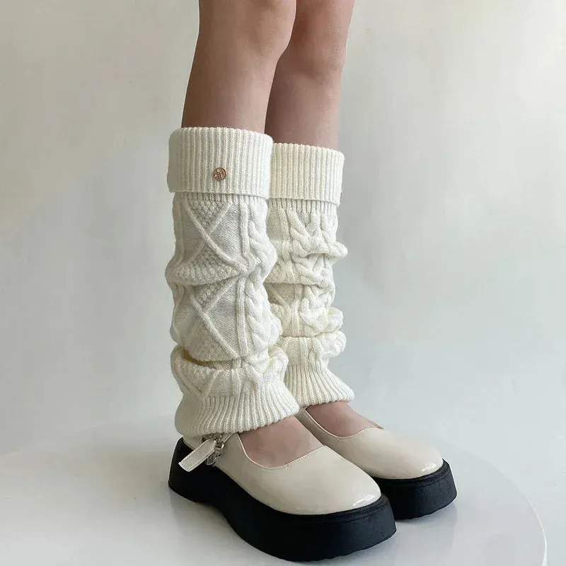 Sohiwoo Korea Wool Knitted Leg Warmers Metal Label Women Calf Socks Vintage Winter Y2K Japanese Harajuku Pile Long Socks Leg Covers